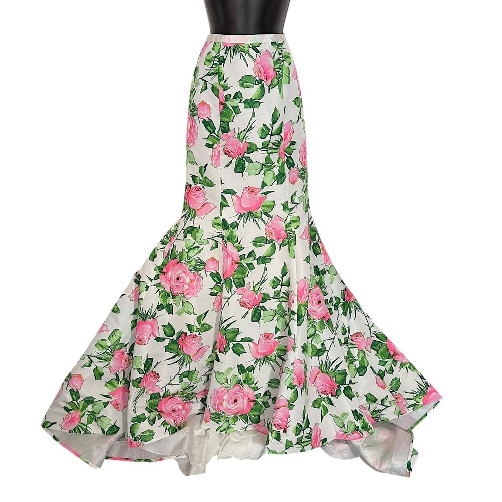 Sherri Hill Mermaid Maxi Skirt 0 XXS Pink Green Rose Floral Train Pageant Prom